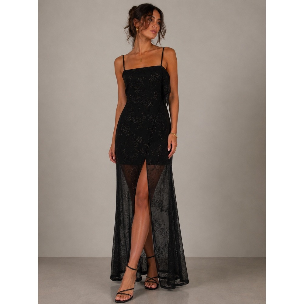 Next Up Maxi Dress Womens XL Black Mesh Glitter Floral Slit‎ Y2K Whimsigoth Goth